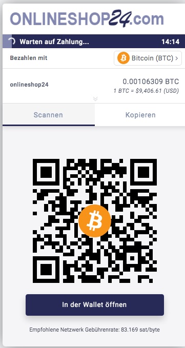 Onlineshop24 Bitcoin Bezahlseite